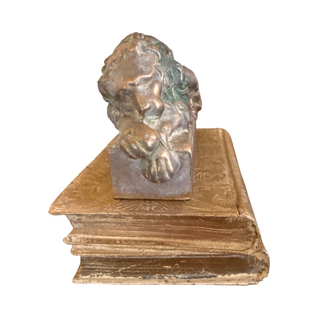 Gold 1950s Heavy Cast Metal Lion Reclining on Books Sculpture With Verdigris Patina For Sale - Image 8 of 10