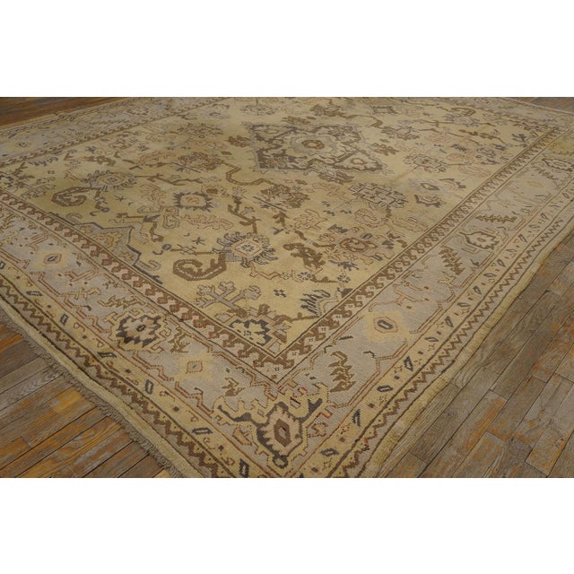 1920s Tan Beige Medallion Antique Turkish Decorative Oushak Rug 9'3" X 11'10" Handknotted Wool Carpet For Sale - Image 4 of 14