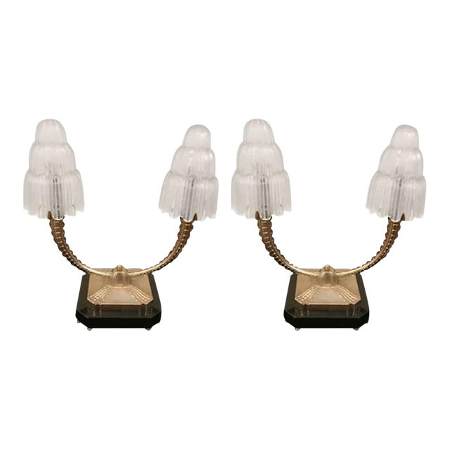 French Art Deco "Waterfall" Table Lamps Signed by Sabino - a Pair For Sale
