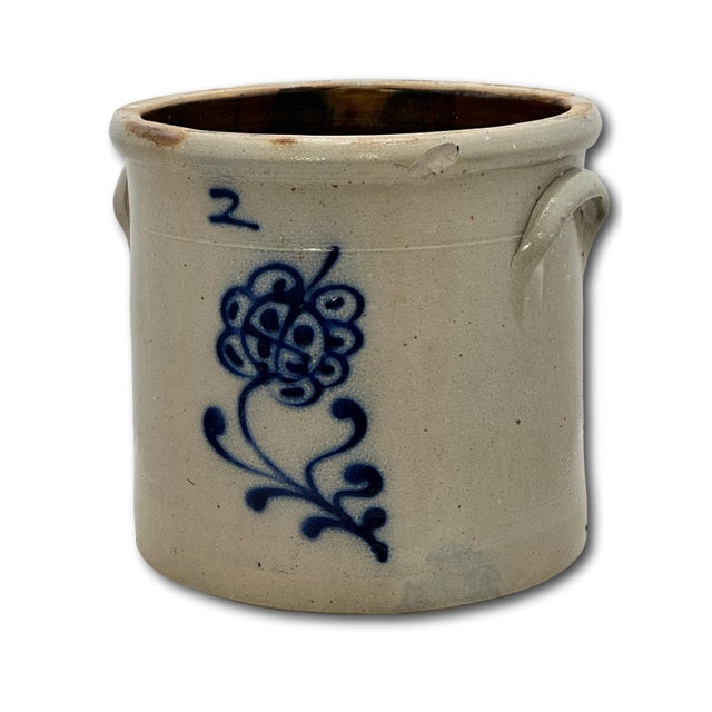 Antique American 2 Gallon Stoneware Storage Crock With Beautiful Hand Decorated Blue Flower Design Circa Mid 1800s For Sale - Image 4 of 18