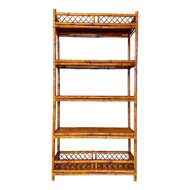 Vintage Boho Coastal Brighton Pavilion Style Scorched Bamboo Étagère by Goldenrod For Sale