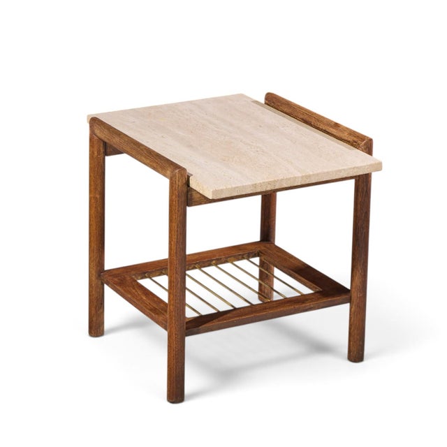 Dux Style Mid Century Travertine and Oak Side End Tables - Pair For Sale - Image 10 of 11