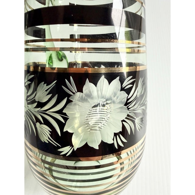 Vintage Mid-Century Modern Bohemian Green Glass Pitcher Cut Flowers, Gold & Black Bands For Sale - Image 13 of 17