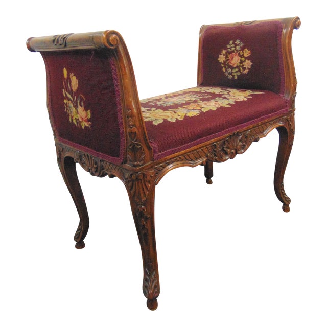 Louis XV Shell Carved Walnut Needlepoint Bench | Chairish