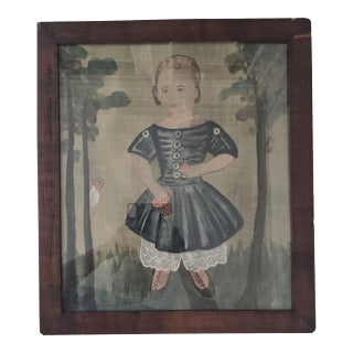 Antique Folk Art Portrait of a Child in Forest Landscape, Framed For Sale