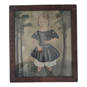 Antique Folk Art Portrait of a Child in Forest Landscape, Framed