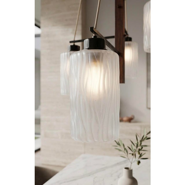 Mid-Century Modern 1970s Mid-Century Modern Stilnovo Chandelier With Frosted Textured Glass and Teak Accents For Sale - Image 3 of 5