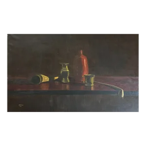 Vintage Dutch Style Chiaroscuro Still Life With Pipe and Bottle, Signed (1971, Oil on Canvas)