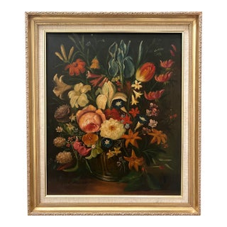 Continental Still LifSStill Life Oil Painting of a Bouquet of Flowers on Canvas by P Bouchet, Framed, 20th. Century For Sale