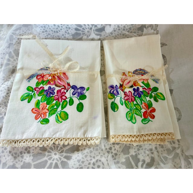 Ivory Vintage Hand Painted Hand Towel / Tea Towels or Kitchen Towel Lace Trim Ivory With Floral Bird Painting For Sale - Image 8 of 9