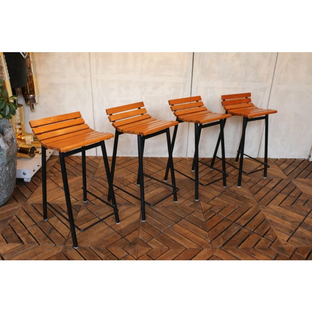 Set of Six Mid-Century Modern Oak & Steel Bar Stools, 1960s For Sale In Los Angeles - Image 6 of 18