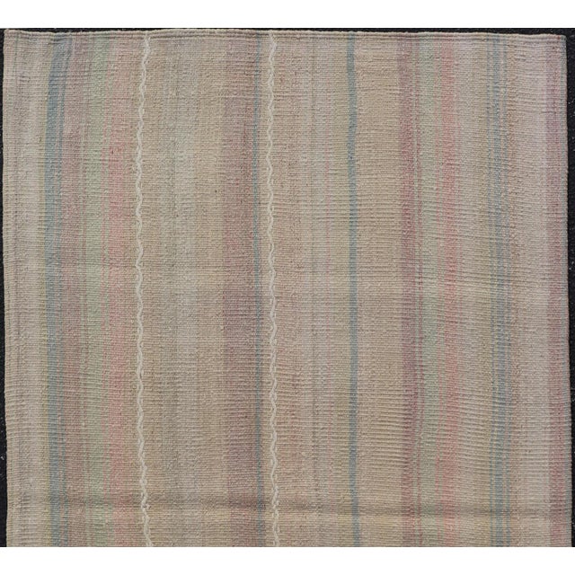 Tan Vintage Turkish Kilim With Soft Pastel Stripes in Sage, Blush, and Sky Blue For Sale - Image 8 of 10