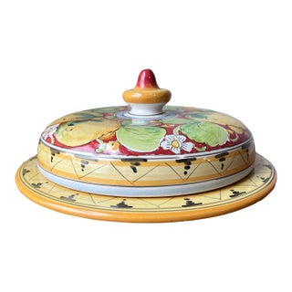 Late 20th Century Firenze Made in Italy Terracotta Pottery Handpainted Covered Dish for Butter or Cheese Serveware, Lemon Motif For Sale