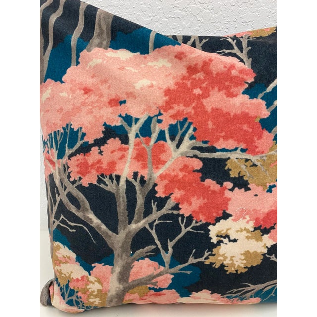 20" Square Pillow With Pink Flowering Trees on a Velour-Like Dark Blue Background - Made in Uk. For Sale - Image 4 of 6