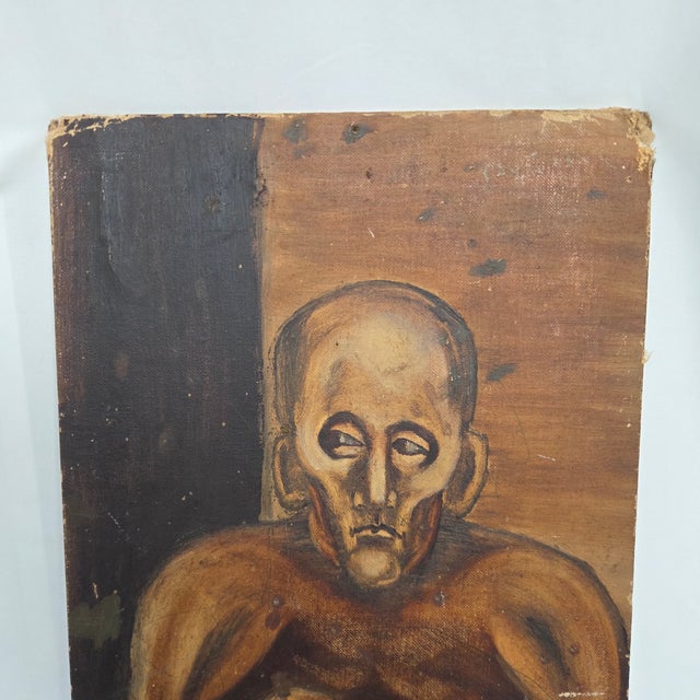 A striking vintage oil on canvas panel depicting a gaunt, huddled male figure rendered in a powerful Expressionist style....