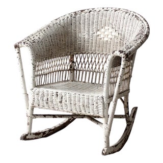 Antique American White Wicker Rocking Chair For Sale