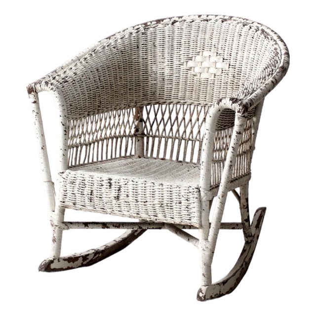 Antique American White Wicker Rocking Chair For Sale