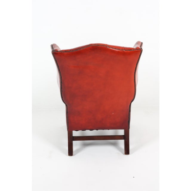 1970s Scandinavian Mid Century Chippendale-Style Cognac Leather Wingback Chair For Sale - Image 10 of 10