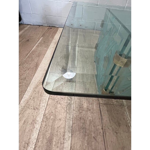 1970's Postmodern Etched Glass & Brass Coffee Table, Sculptural Botanical Base For Sale - Image 9 of 9