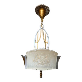 1930s Rare Art Deco Hanging Ceiling Light With Crest Motif For Sale