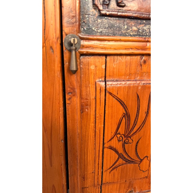 Vintage Chinese Carved Wood Food Cabinet With Figural Panels & Geometric Latticework For Sale - Image 10 of 14