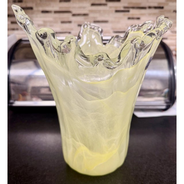 Murano Vintage Murano Italy Yellow Swirl Freeform Ruffle Rim Art Glass Vase For Sale - Image 4 of 5