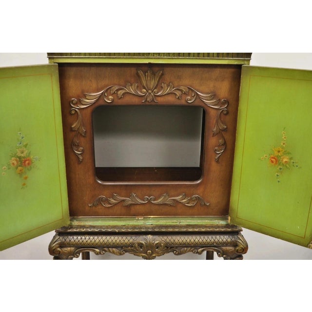 Antique French Renaissance Green Distress Painted Radio Cabinet Bar Cupboard For Sale - Image 13 of 14