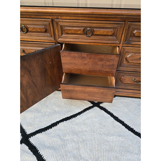 Vintage Traditional Solid Wood 9-Drawer Dresser / Credenza With Glass Top For Sale - Image 9 of 13
