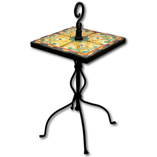 Rare Vintage 1920s California Catalina Island Art Pottery Tile & Hand Wrought Iron Patio Stand - AccentTable For Sale In Boston - Image 6 of 18