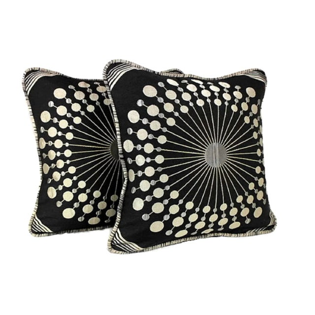 2020s Atomic Sunburst Embroidery Geometric Reversible Pillow With Stripe Piping For Sale - Image 5 of 13