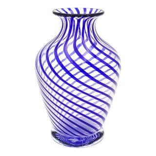 Glass Vase With Blue Swirls, Signed and Dated "t.m. 2000" For Sale
