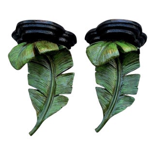 Vintage Handpainted Palm Beach Regency Oversized Curved Leaf Wall Brackets Shelf-a Pair For Sale