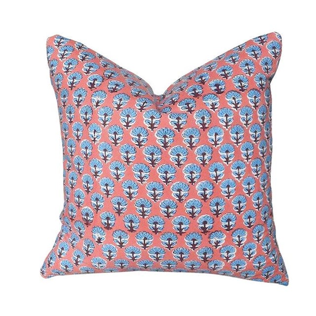 Lee Radziwill Inspired Block Print Down Flower Motif Pillow in Pink - India For Sale In Oklahoma City - Image 6 of 6