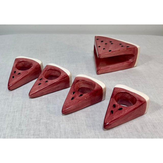Farmhouse 1980’s Trompe-l'Oeil Ceramic Watermelon Wedge Napkin Rings and Holder- Set of 5 For Sale - Image 3 of 9