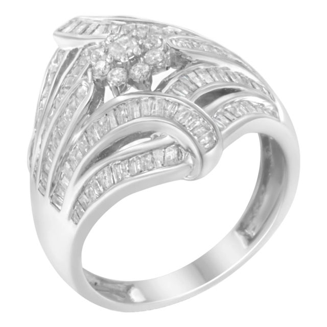 .925 Sterling Silver 1-1/8 Cttw Round & Baguette Diamond 'Flower & Fern' Cluster Cocktail Fashion Ring (I-J Color, I2-I3 Clarity) - Size 6 For Sale