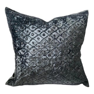 Embellished Asian Beaded Decor Velvet Accent Pillow Cover For Sale