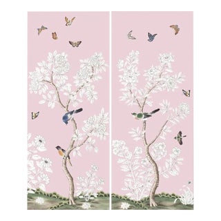 30" *60"/Panel, a Set of 2 Panels Pink Chinoiserie Printed Wallpaper Panels, No Frame,Tea Wallpaper For Sale