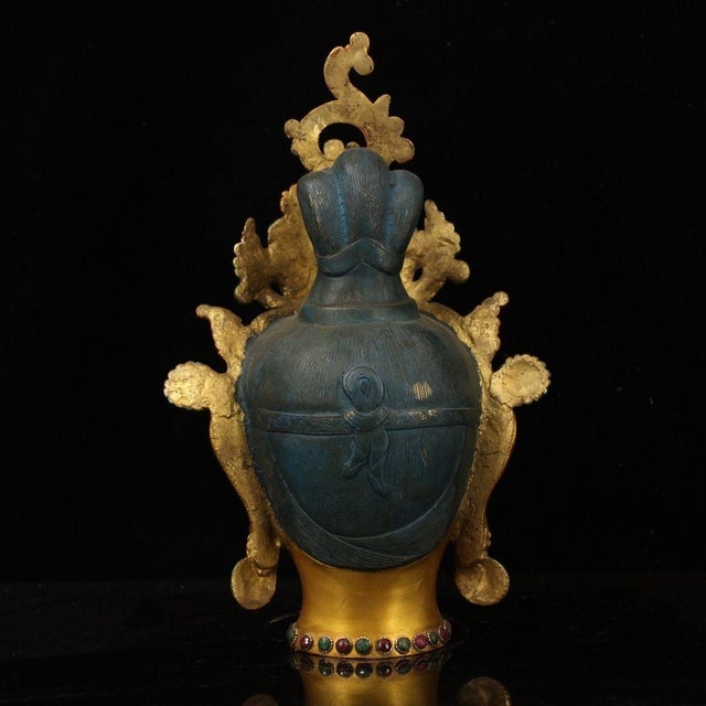 Late 20th Century Nepalese Gilt Bronze & Polychrome Tara Head, Handcrafted Buddhist Deity Sculpture For Sale - Image 4 of 9