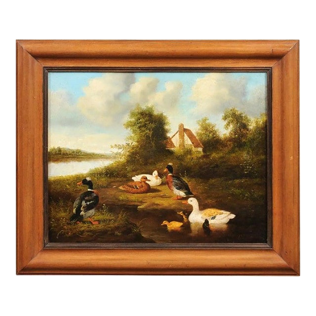 1850s French Oil on Panel Baryard Painting with Ducks and Vibrant Colors For Sale