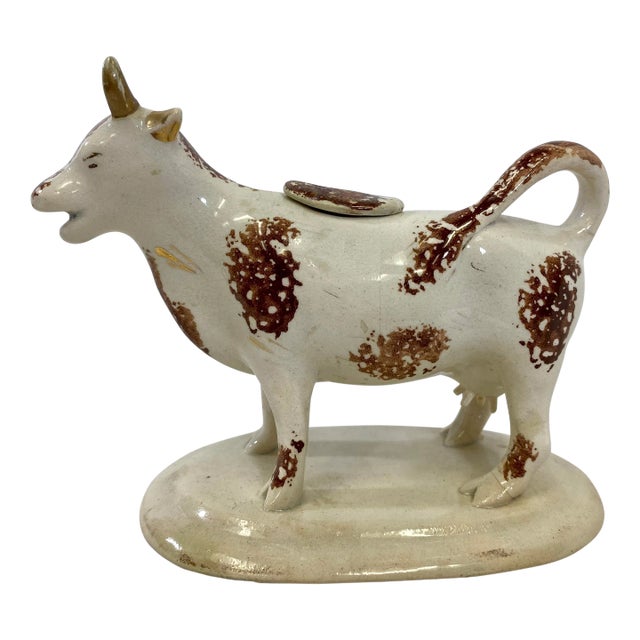 Antique Sponge-Ware Staffordshire Cow Creamer Figurine in Ivory Color Made in England - Circa 1860’s For Sale