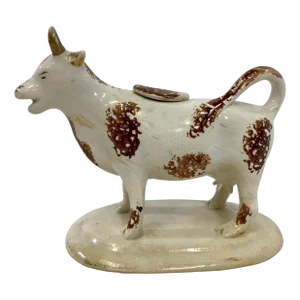Antique Sponge-Ware Staffordshire Cow Creamer Figurine in Ivory Color Made in England - Circa 1860’s
