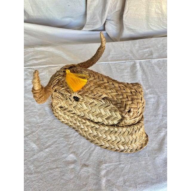 Brown Mid 20th Century French Wicker Rattan Minotaur Bull Head Sculpture Wall Decoration For Sale - Image 8 of 12