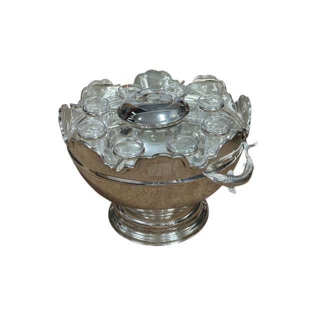 Vintage Silverplate and Glass Caviar and Vodka Monteith Bowl Server With Sturgeon Relief Handles and Lid For Sale - Image 15 of 17