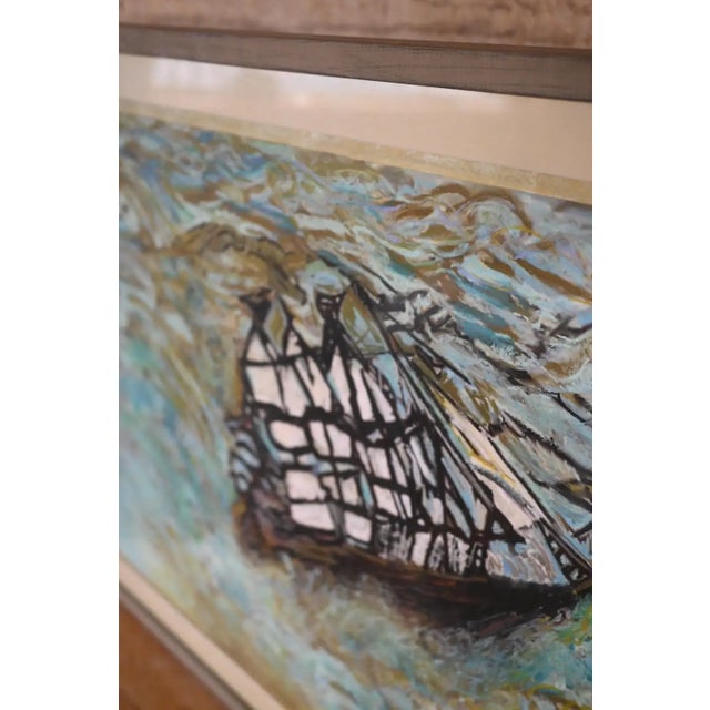 Blue John Velardi Sailboat at Sea Framed Pastels on Paper For Sale - Image 8 of 11