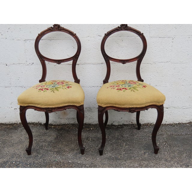 Victorian Late 1800s Carved Tapestry Small Accent Side Chairs a Pair 6379 For Sale - Image 4 of 12