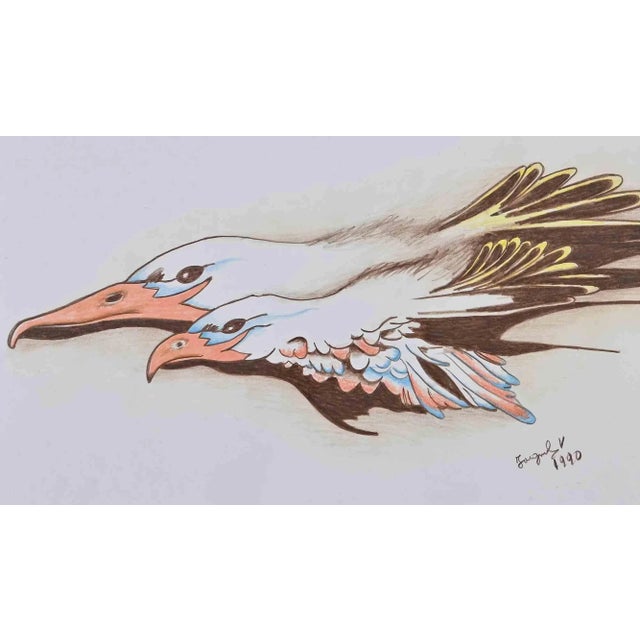 Seagulls, Original Drawing in Pastel, 1990 For Sale - Image 3 of 4