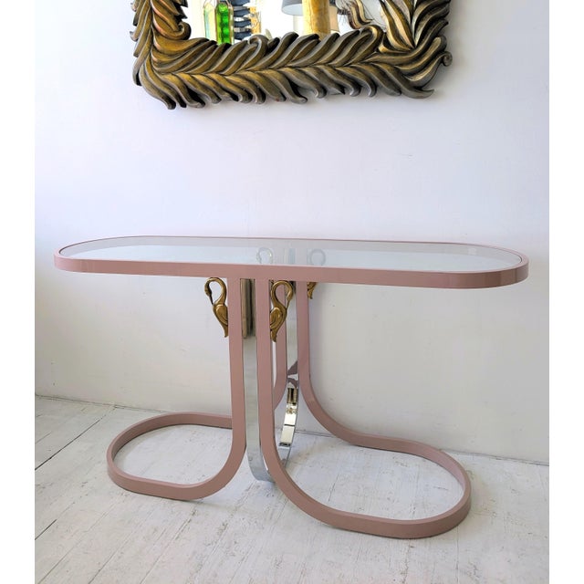 Vintage pink, chrome & brass console table with swan details, by Design Institute of America (D.I.A), USA 1980s. No label...