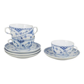 Blue Fluted Half Lace Chocolate Cups with Saucers from Royal Copenhagen, 1959, Set of 8 For Sale
