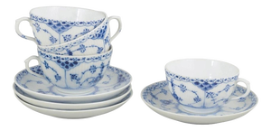 Blue Fluted Half Lace Chocolate Cups with Saucers from Royal Copenhagen, 1959, Set of 8