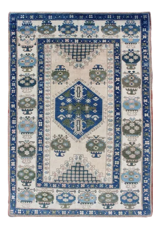 Blue and Green Geometric Oushak Vintage Rug With Medallion